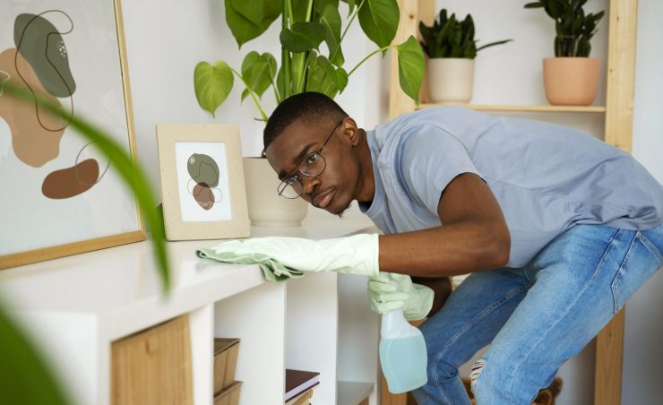 side-view-man-cleaning-shelf